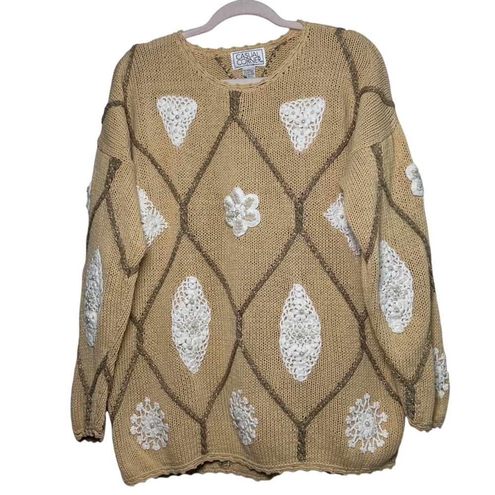 Vintage 90s Casual Corner Statement Knit Sweater Women L Embellished Pearls Gold - Picture 2 of 9